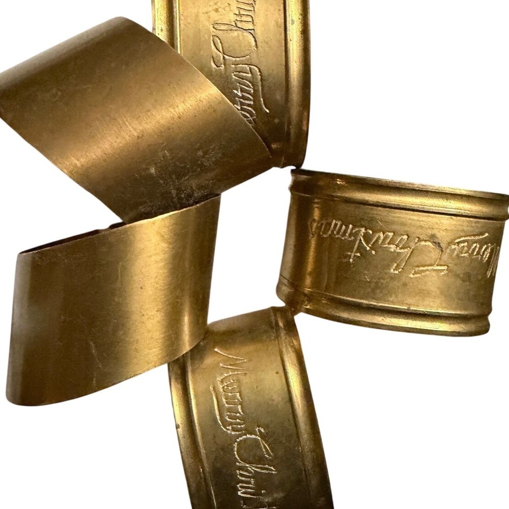 Vintage Gold Merry Christmas Metal Napkin Rings Set of 5 Holiday Table Decor